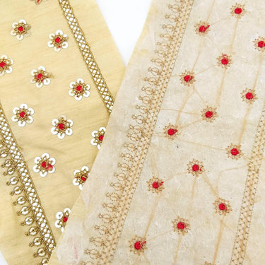 Beige Silk Trim In Red and Gold Sequins Floral Embroidery, Indian Sari Border Trim By Yard Decorative Trim Craft Lace